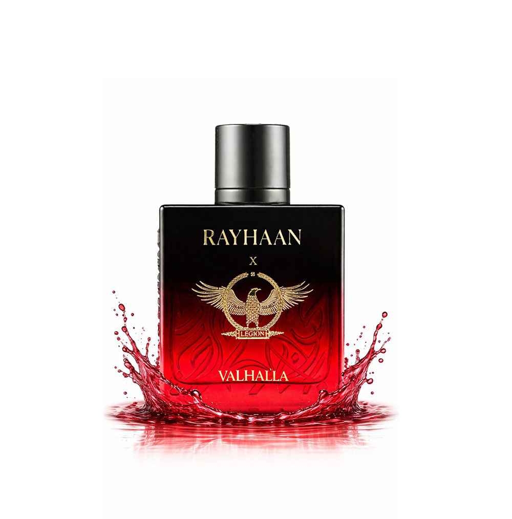 Frasco Rayhaan Valhalla EDP 100 ml sobre fondo claro