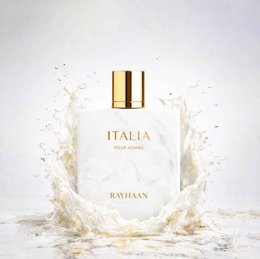 Frasco Rayhaan Italia Pour Homme sobre fondo blanco