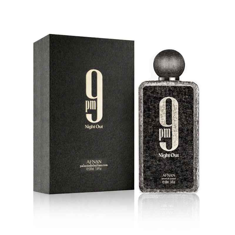 Caja y frasco del perfume Afnan 9 PM Night Out