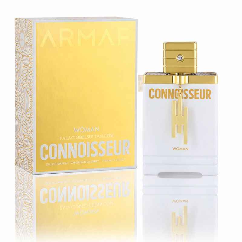 Frasco blanco y dorado del perfume Connoisseur Women Armaf