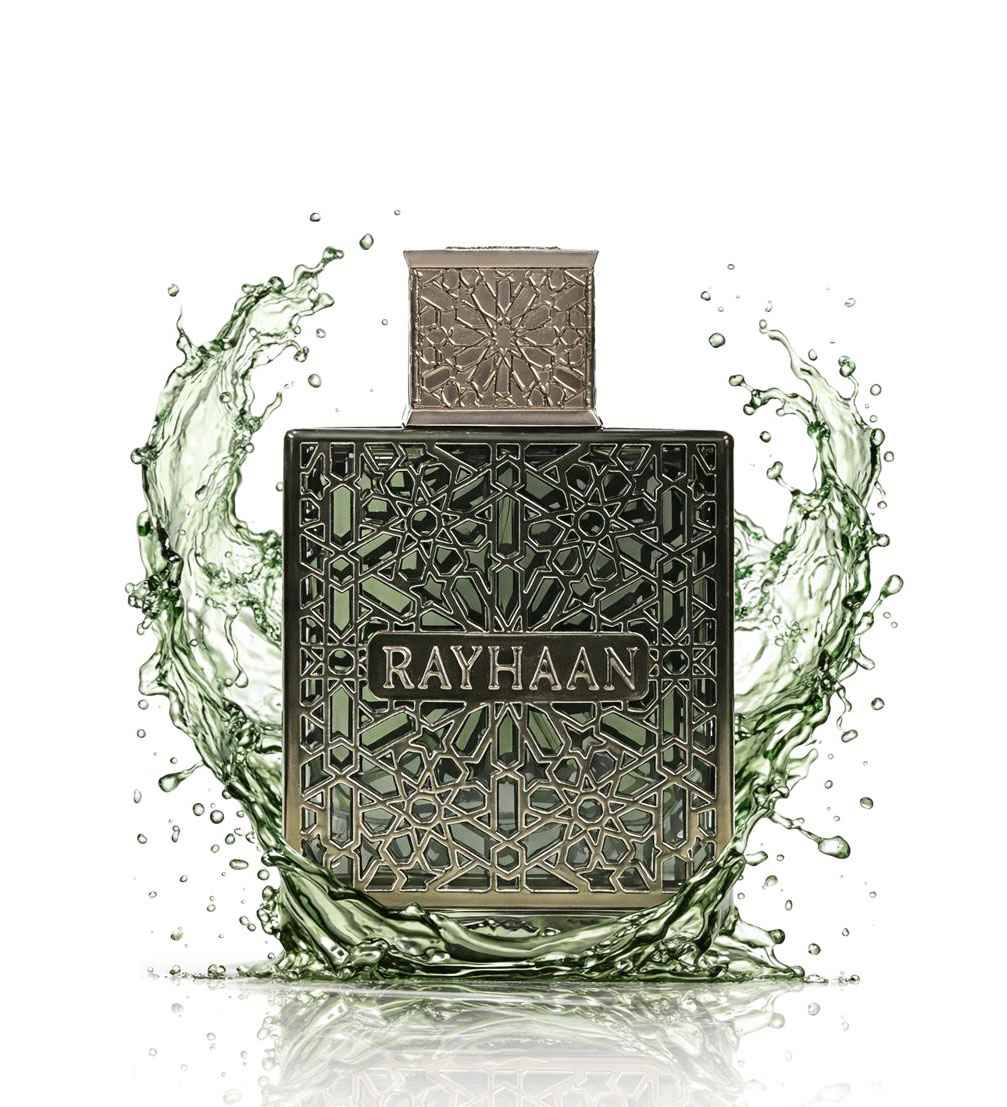 Frasco Rayhaan Terra perfume con diseño metálico oriental