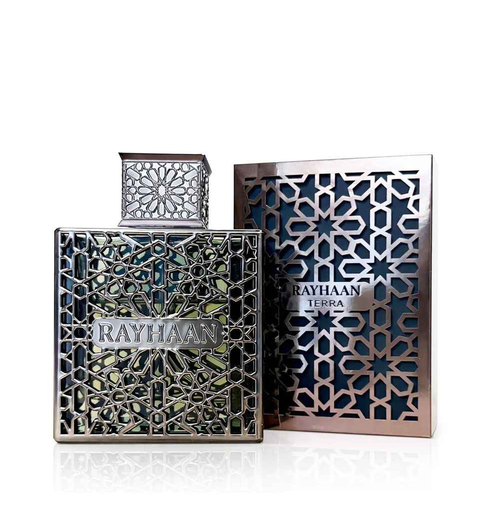 Perfume Rayhaan Terra presentado junto a su caja original