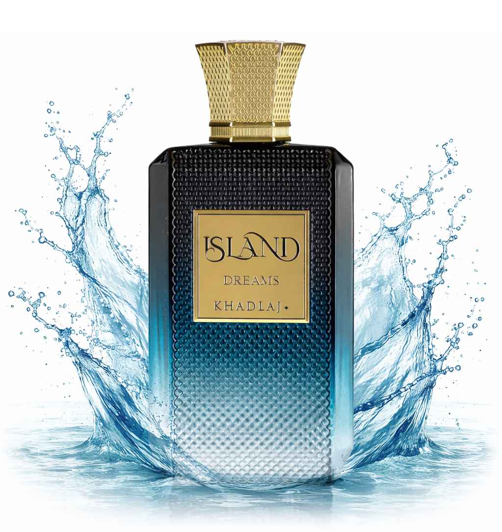 Khadlaj Island Dreams frasco con salpicadura líquida y gotas sobre fondo blanco
