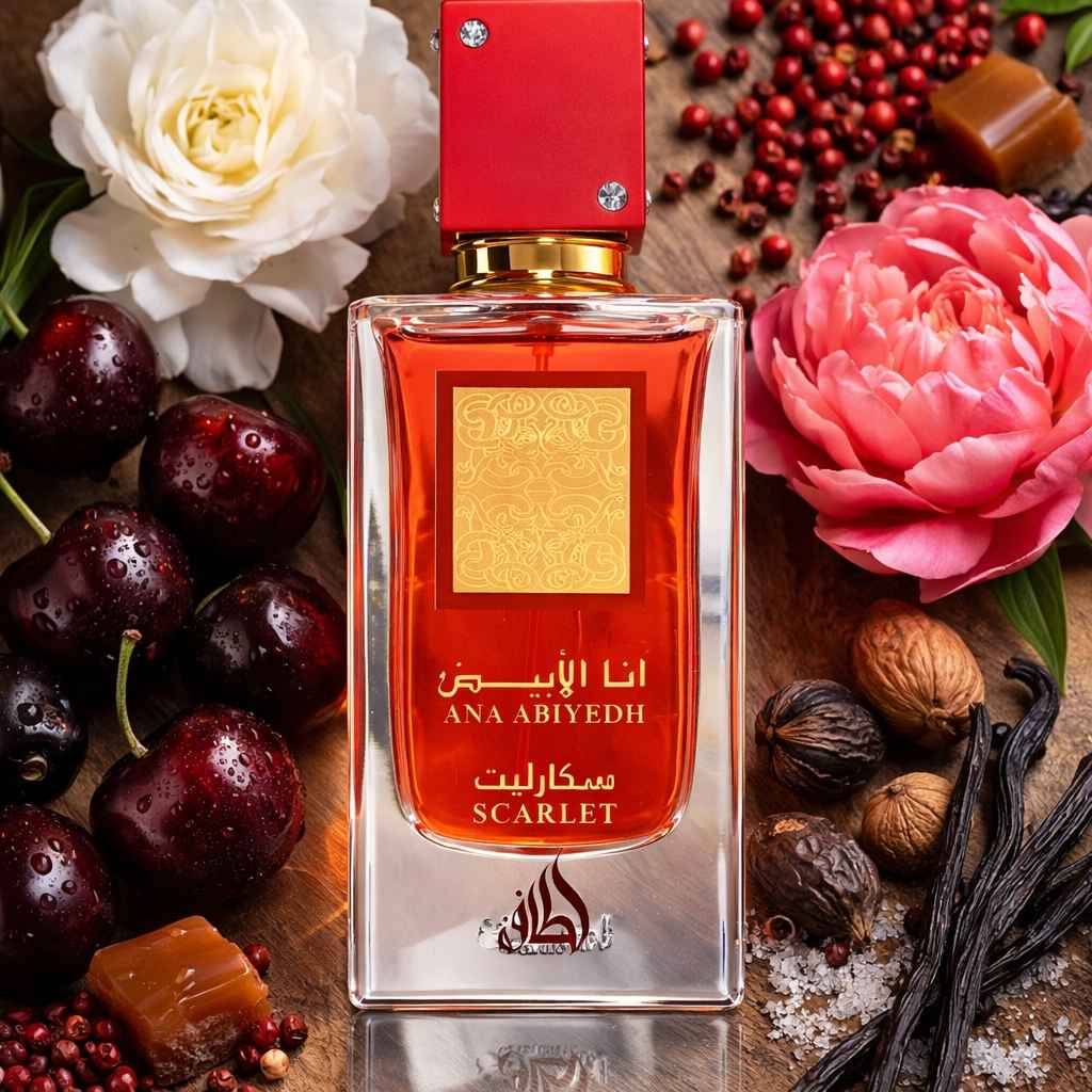 Lattafa Ana Abiyedh Scarlet frasco junto a cerezas y flores sobre mesa clara