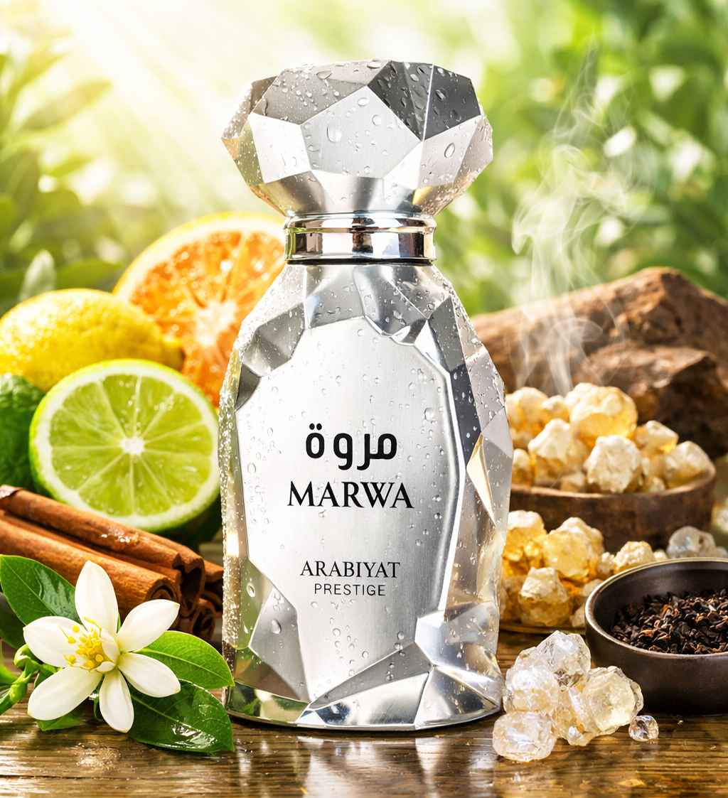 Arabiyat Prestige Marwa botella de plata junto a rodajas de bergamota, hojas de té y jengibre fresco