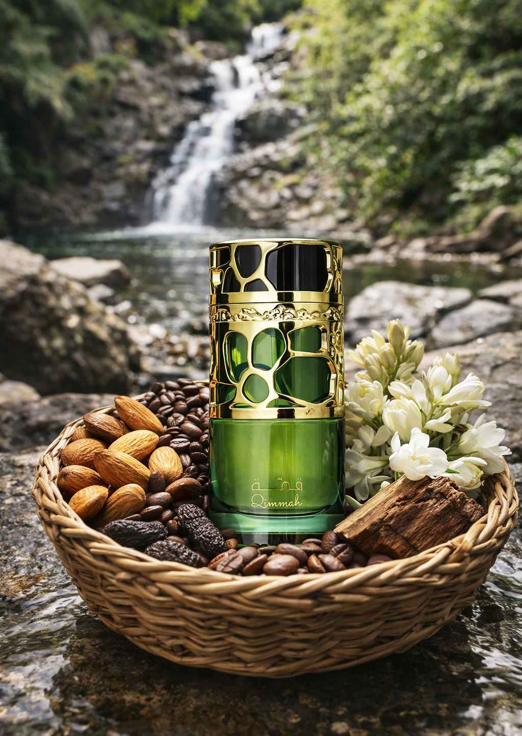 Lattafa Qimmah for Women frasco junto a almendras, café y flores blancas