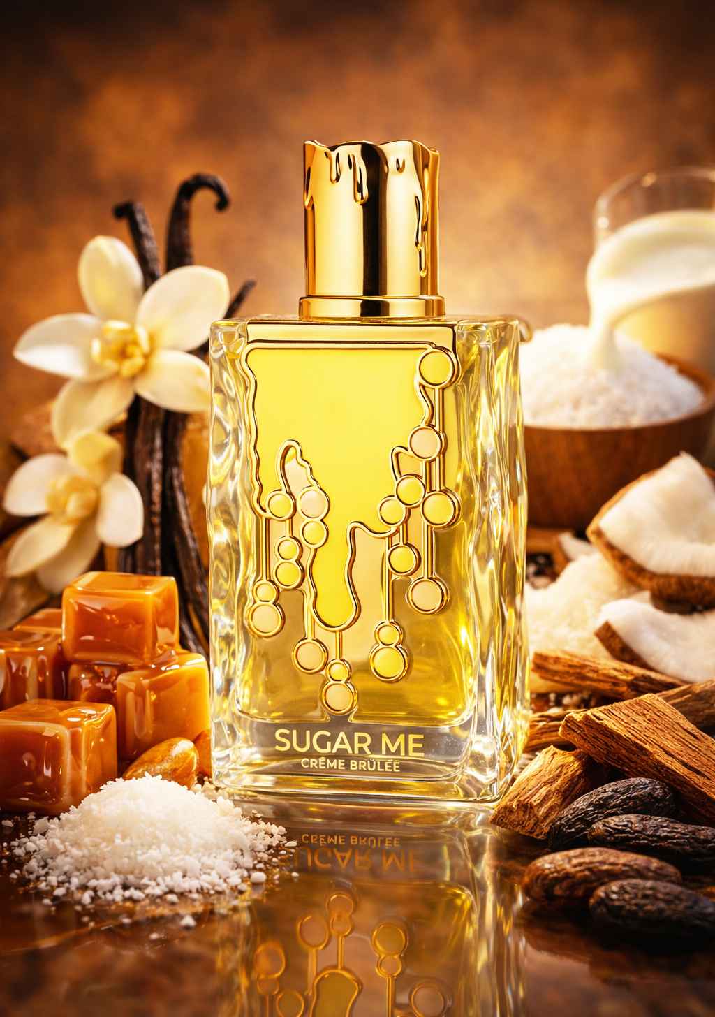 Maison Alhambra Sugar Me Crème Brûlée frasco rodeado de dulces en ambiente cálido