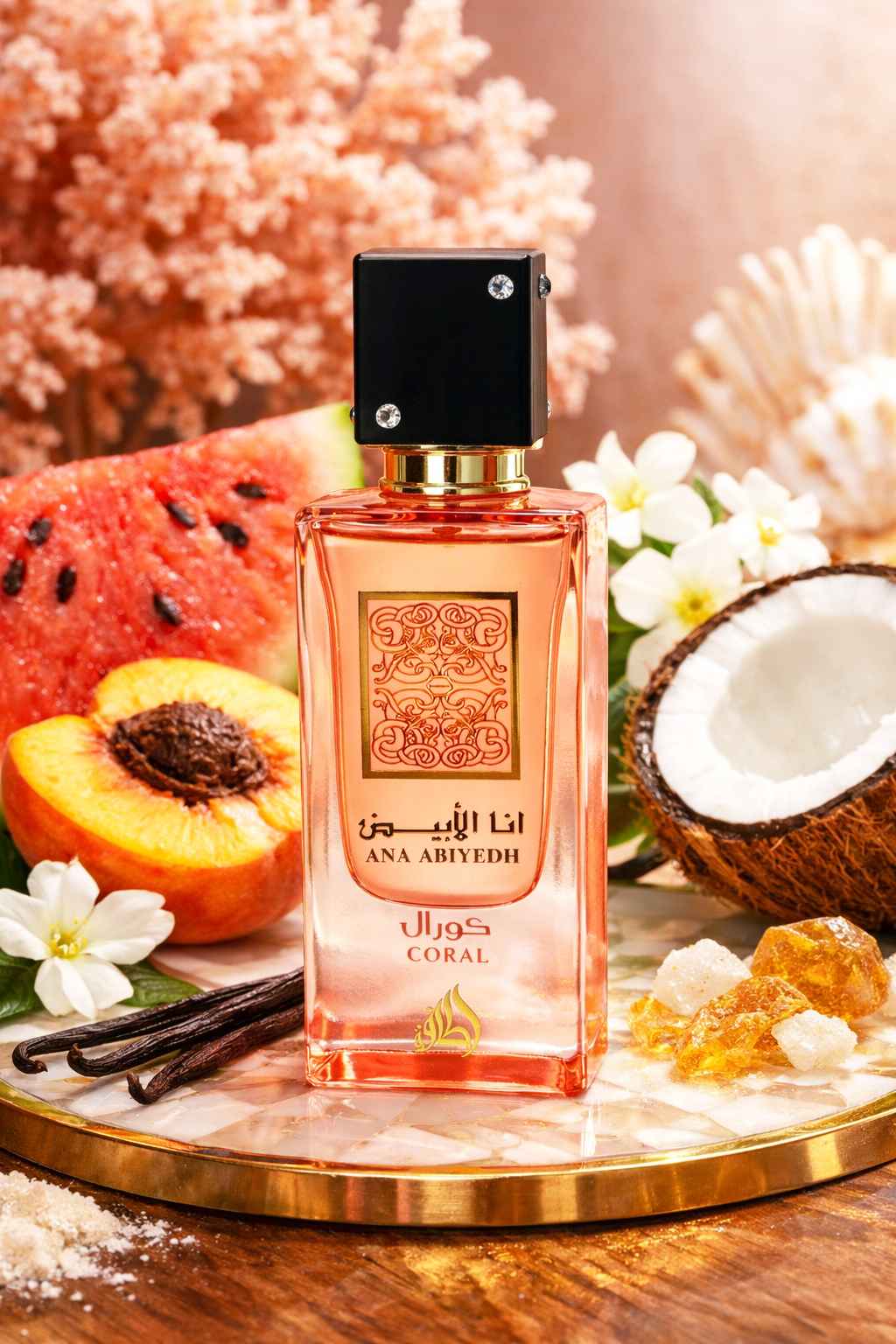 Lattafa Ana Abiyedh Coral botella junto a sandía, melocotón y coco