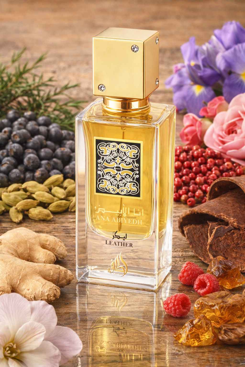 Lattafa Ana Abiyedh Leather frasco en mesa con cuero, frambuesa y ámbar visibles