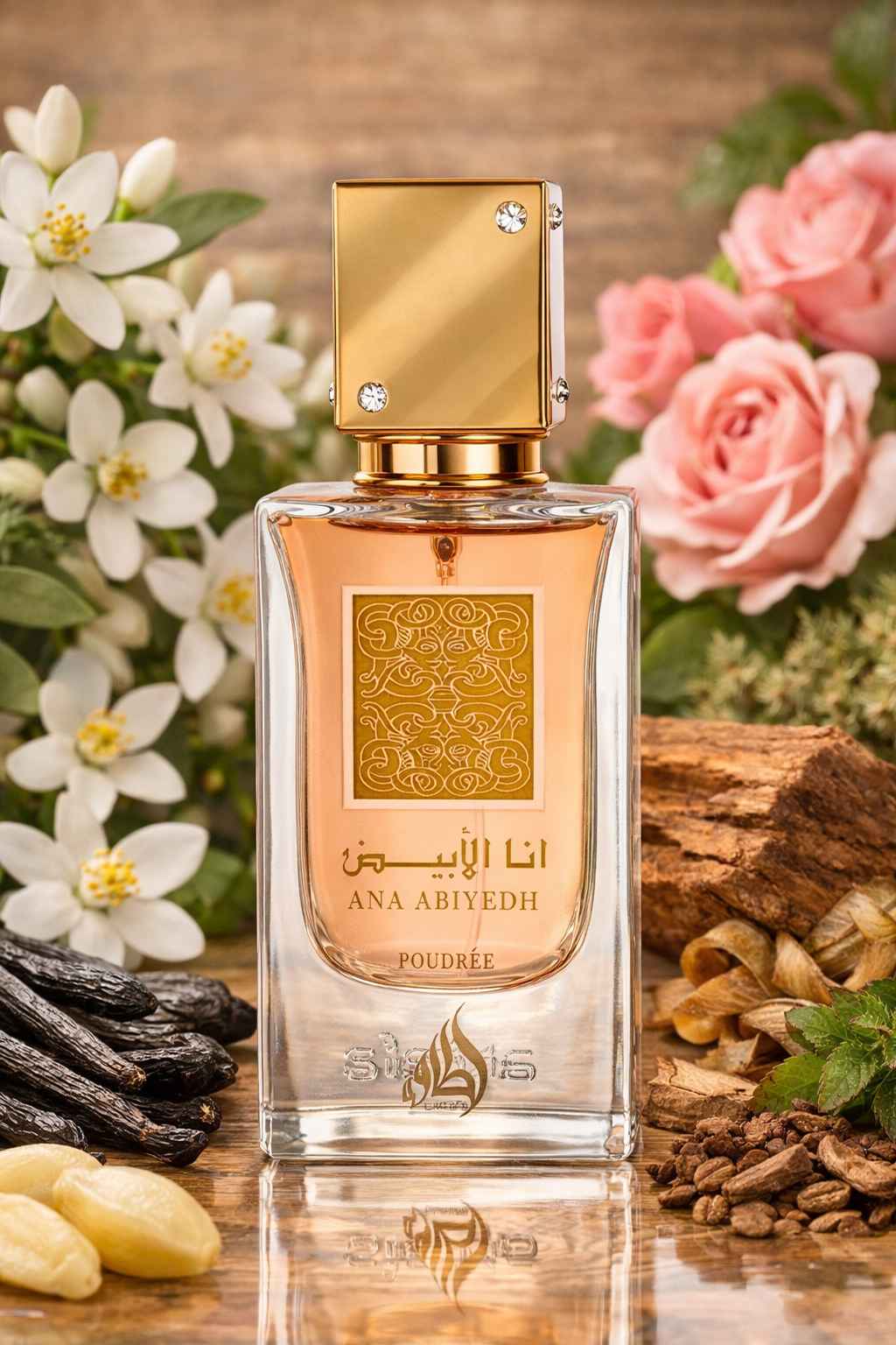 Lattafa Ana Abiyedh Poudrée botella rodeada de flores blancas y vainilla sobre mesa clara