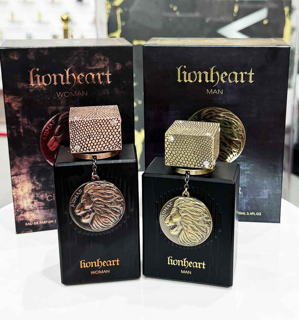 Armaf Lionheart Man primer plano del tapón y textura del frasco brillante