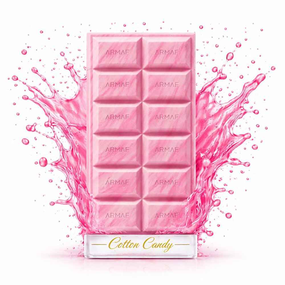 Armaf Cotton Candy frasco perfume con salpicadura líquida envolviendo la botella