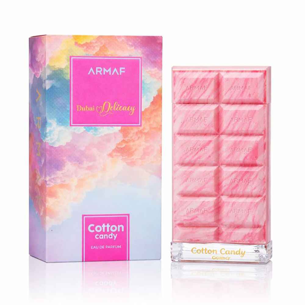 Armaf Cotton Candy caja original y frasco juntos en fondo blanco limpio