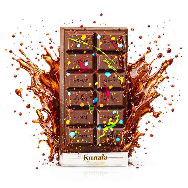 Armaf Kunafa Chocolate frasco perfume con splash de líquido envolviendo botella