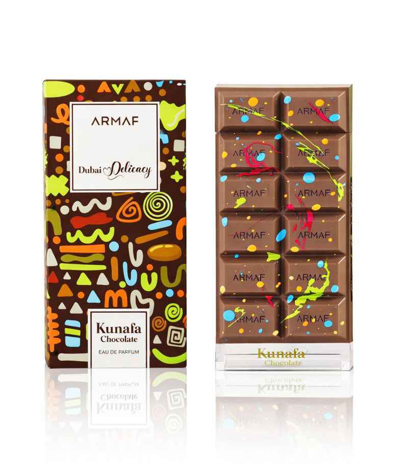 Armaf Kunafa Chocolate caja y frasco juntos en fondo blanco tipo catálogo