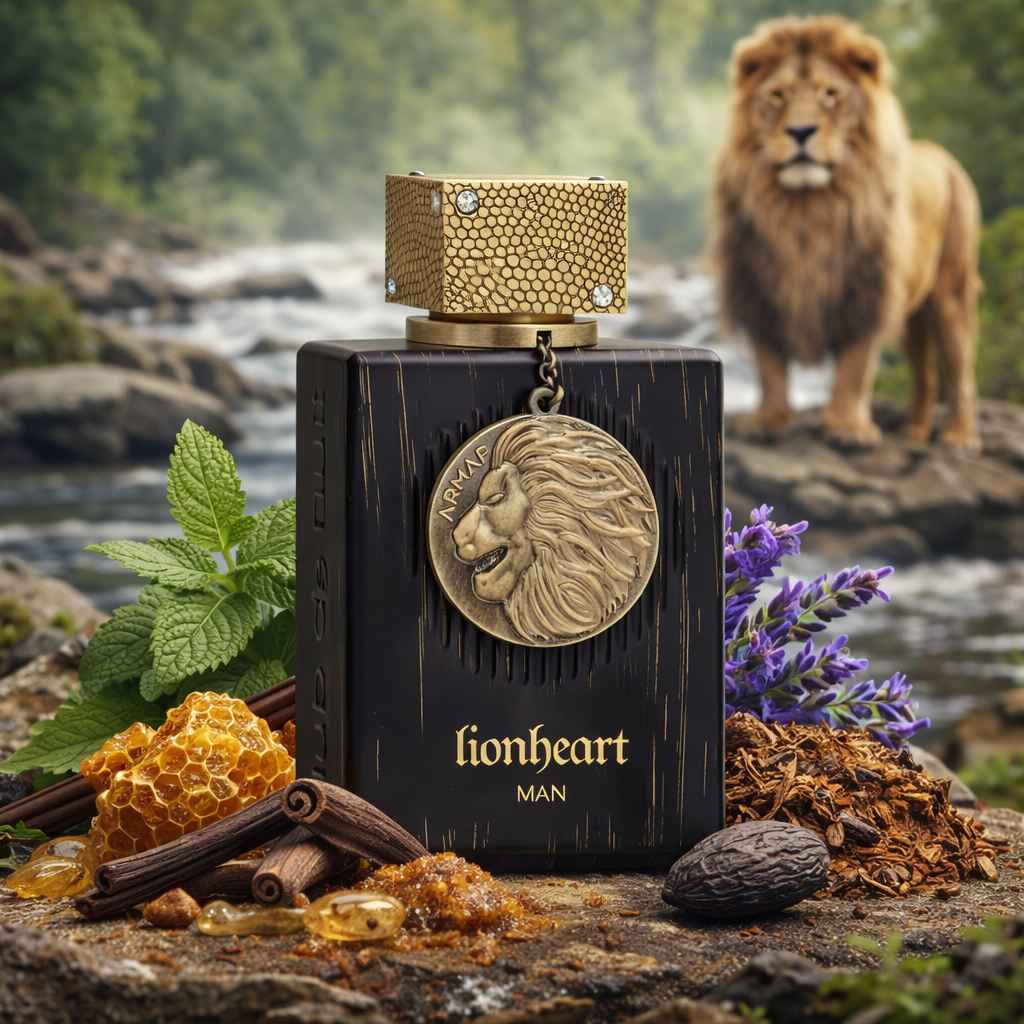 Armaf Lionheart Man frasco con menta, lavanda y ámbar en entorno natural