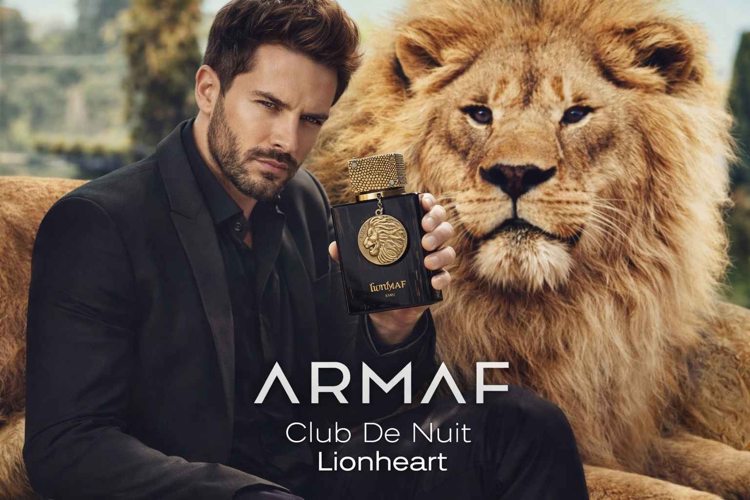 Armaf Lionheart Man perfume en escena publicitaria con modelo en ambiente nocturno