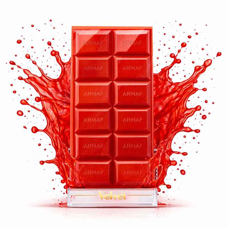 Armaf Red Velvet frasco perfume con ondas líquidas rojas rodeando la botella