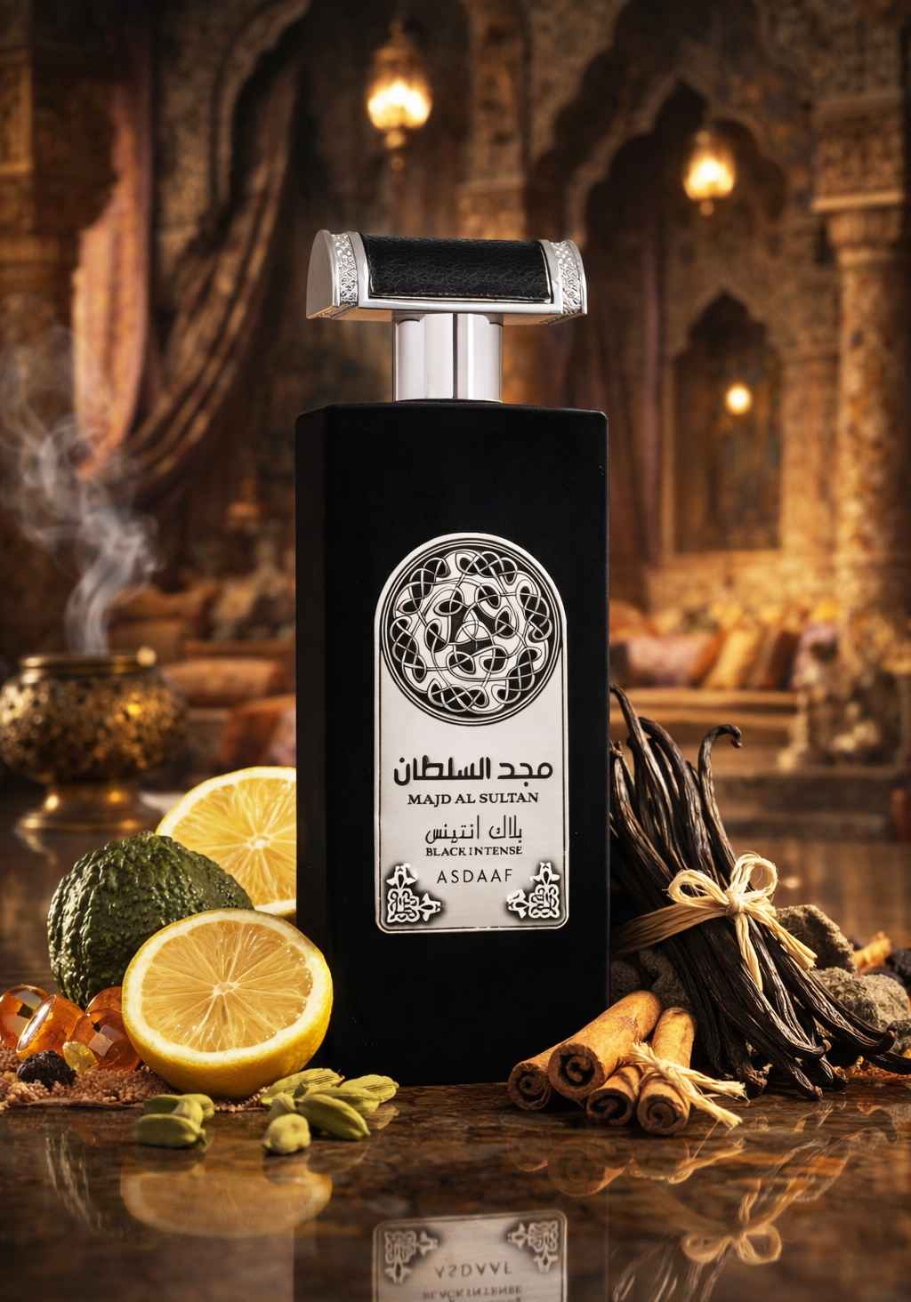 Majd Al Sultan Black Intense rodeado de especias y vainilla