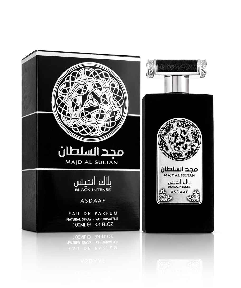 Caja y frasco Majd Al Sultan Black Intense sobre fondo blanco