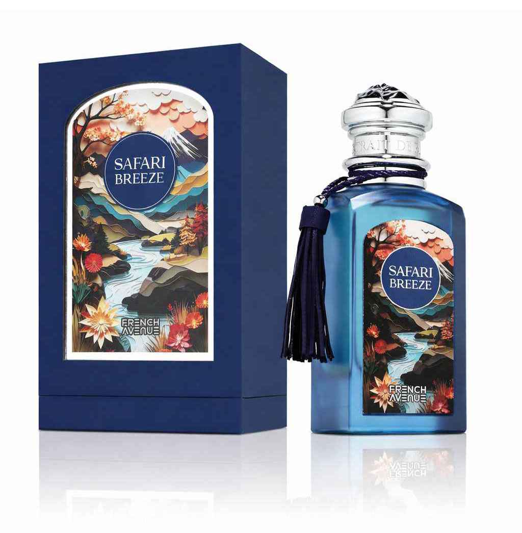French Avenue Safari Breeze caja original y frasco sobre fondo blanco