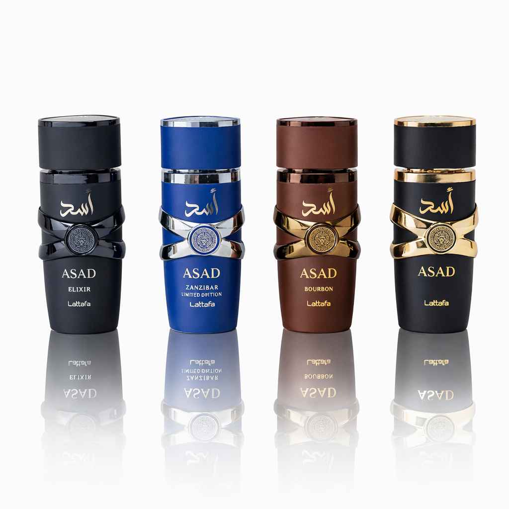 Lattafa Asad Collection frascos 25 ml con líquido ámbar en splash sobre fondo blanco