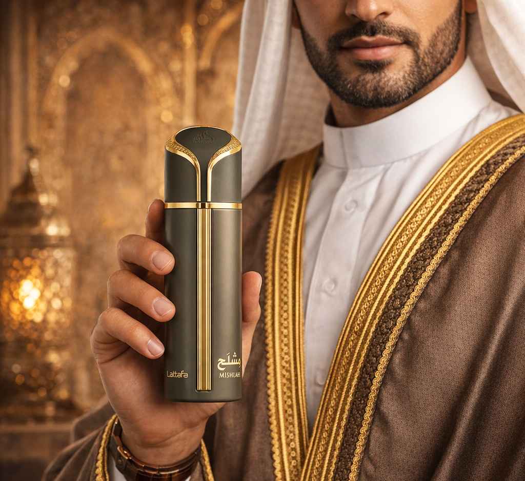 Lattafa Mishlah perfume sostenido por hombre con vestimenta tradicional en ambiente oriental