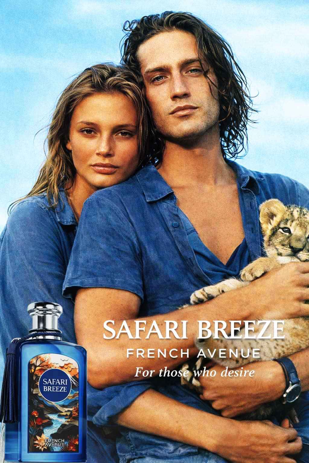 French Avenue Safari Breeze perfume con modelo en escena veraniega