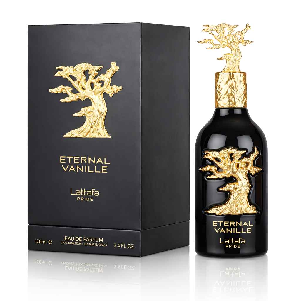 Lattafa Pride Eternal Vanille caja original y frasco sobre fondo blanco limpio
