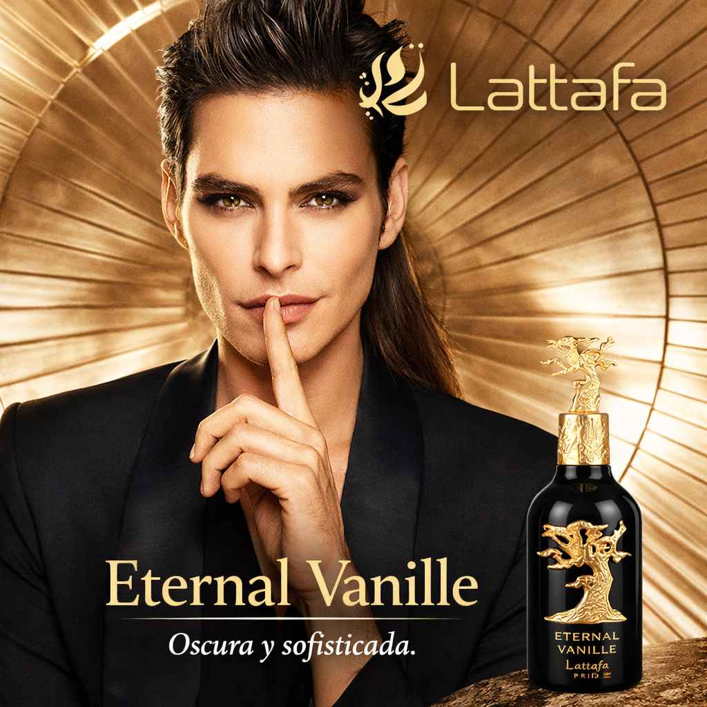Lattafa Pride Eternal Vanille perfume con modelo en escena nocturna elegante