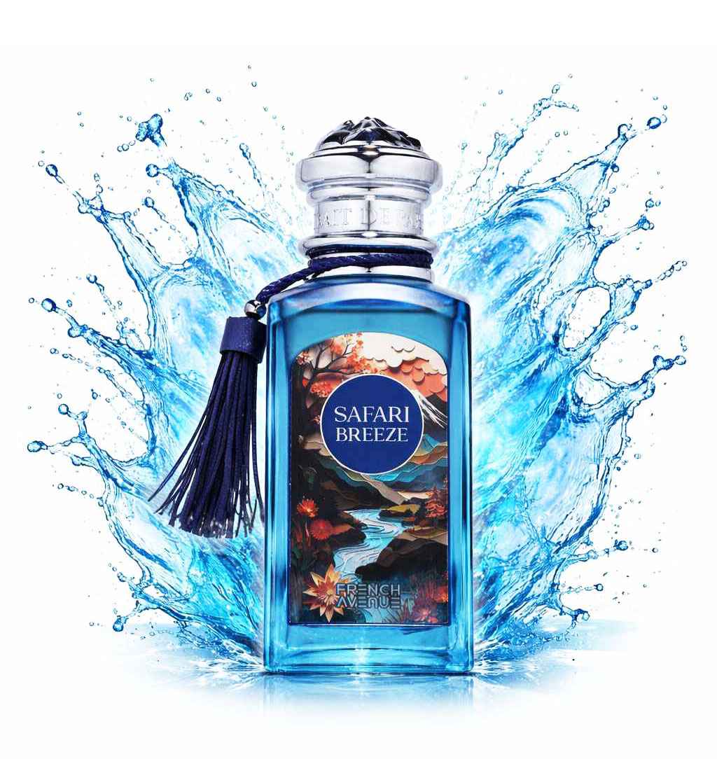 French Avenue Safari Breeze frasco con splash y líquido fresco en movimiento