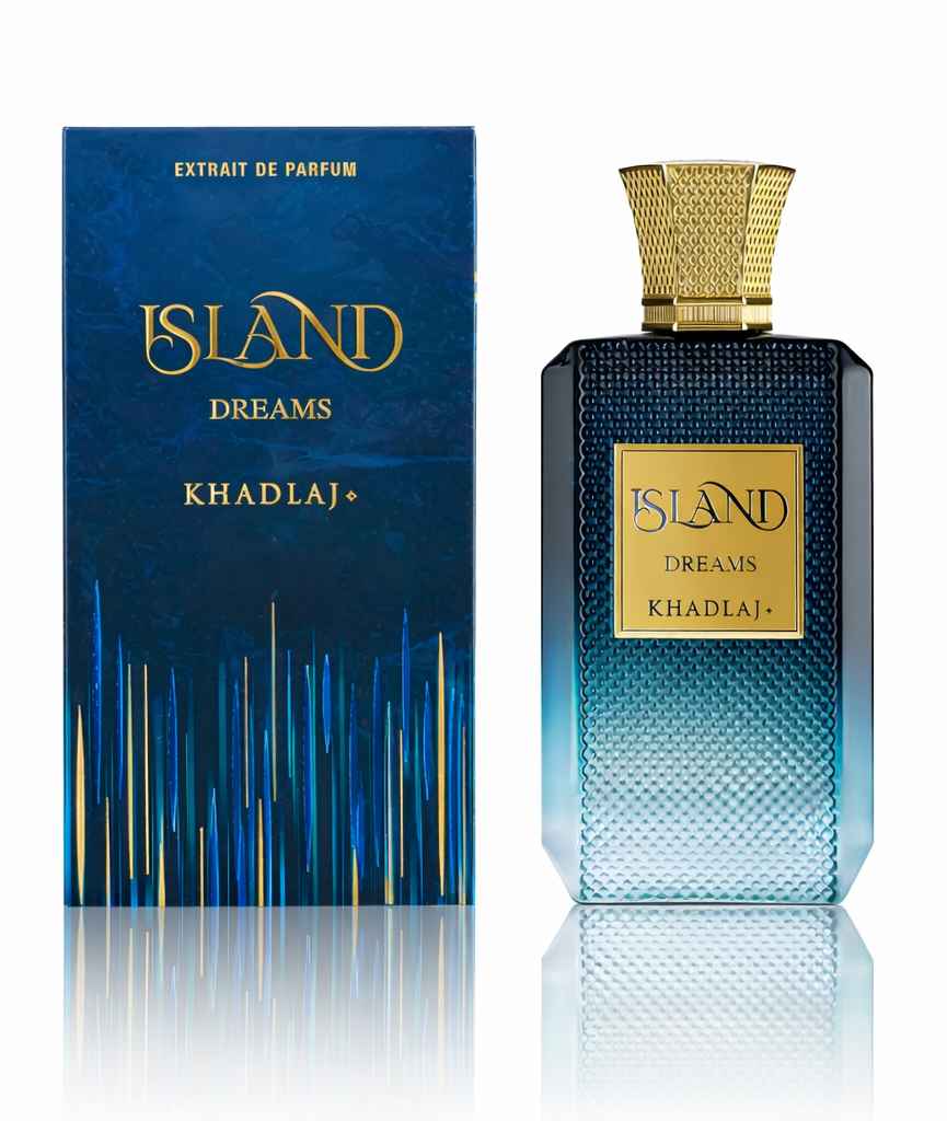 Khadlaj Island Dreams caja original y frasco juntos sobre fondo blanco limpio