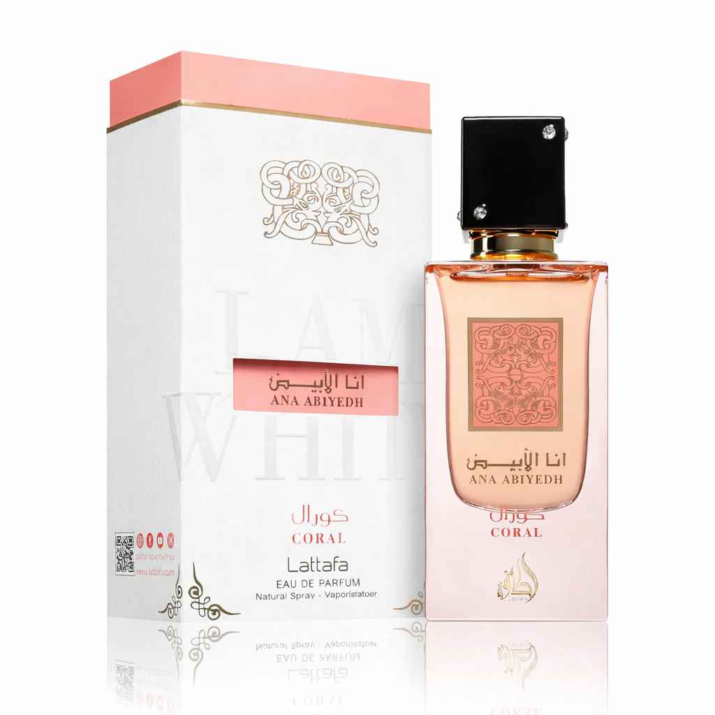 Lattafa Ana Abiyedh Coral producto real con caja y frasco en catálogo