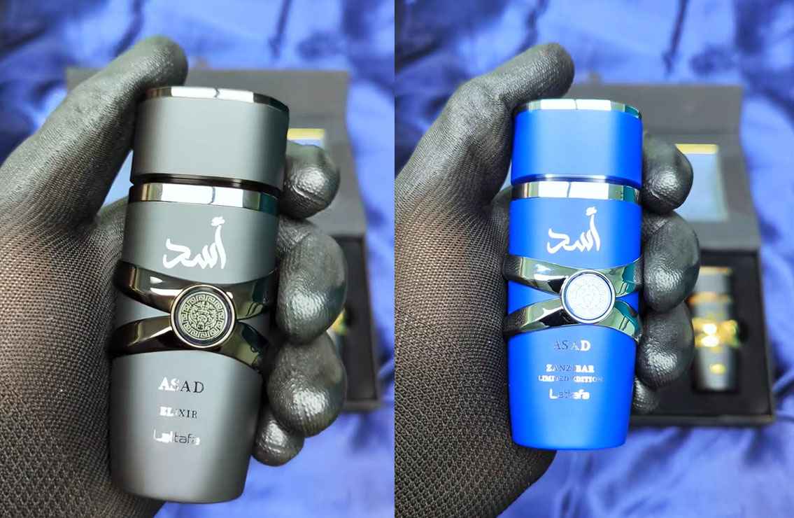 Lattafa Asad Collection detalle del pulverizador y tapón dorado en primer plano