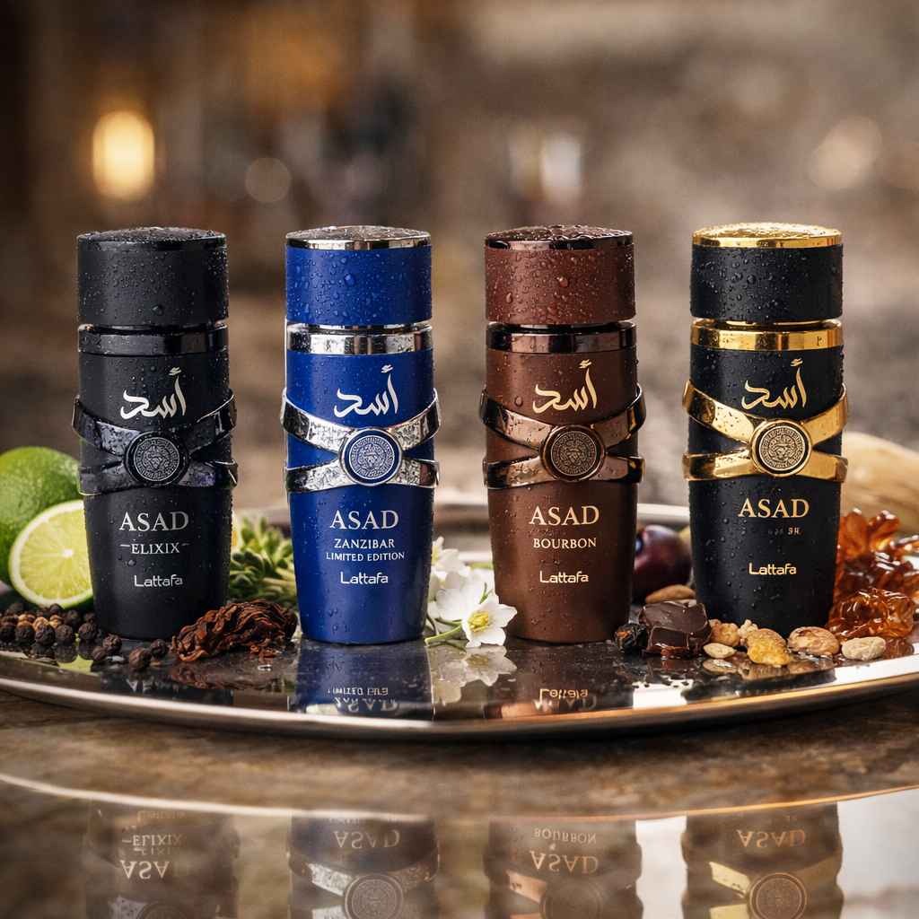 Lattafa Asad Collection botellas rodeadas de especias maderas y resinas sobre mesa