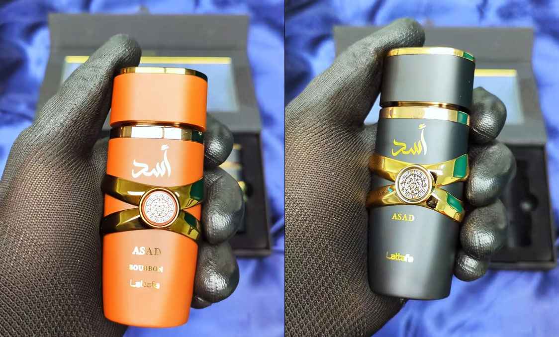 Lattafa Asad Collection frasco pequeño 25 ml sostenido en mano tamaño real
