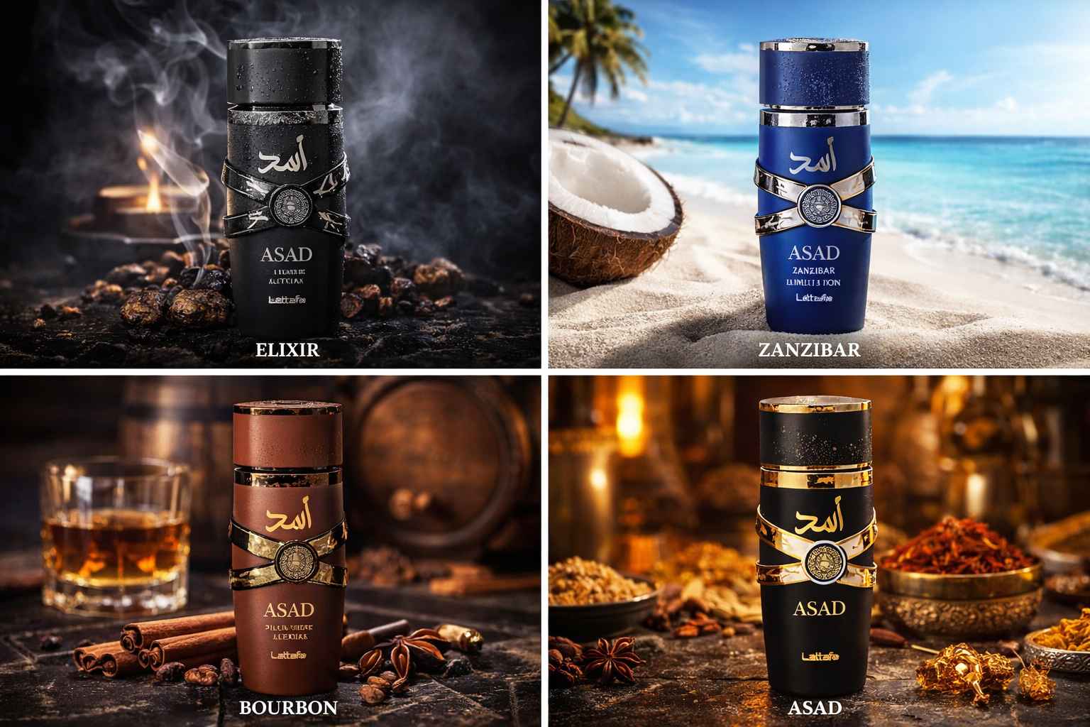 Lattafa Asad Collection perfume sostenido por modelo masculino en ambiente oriental