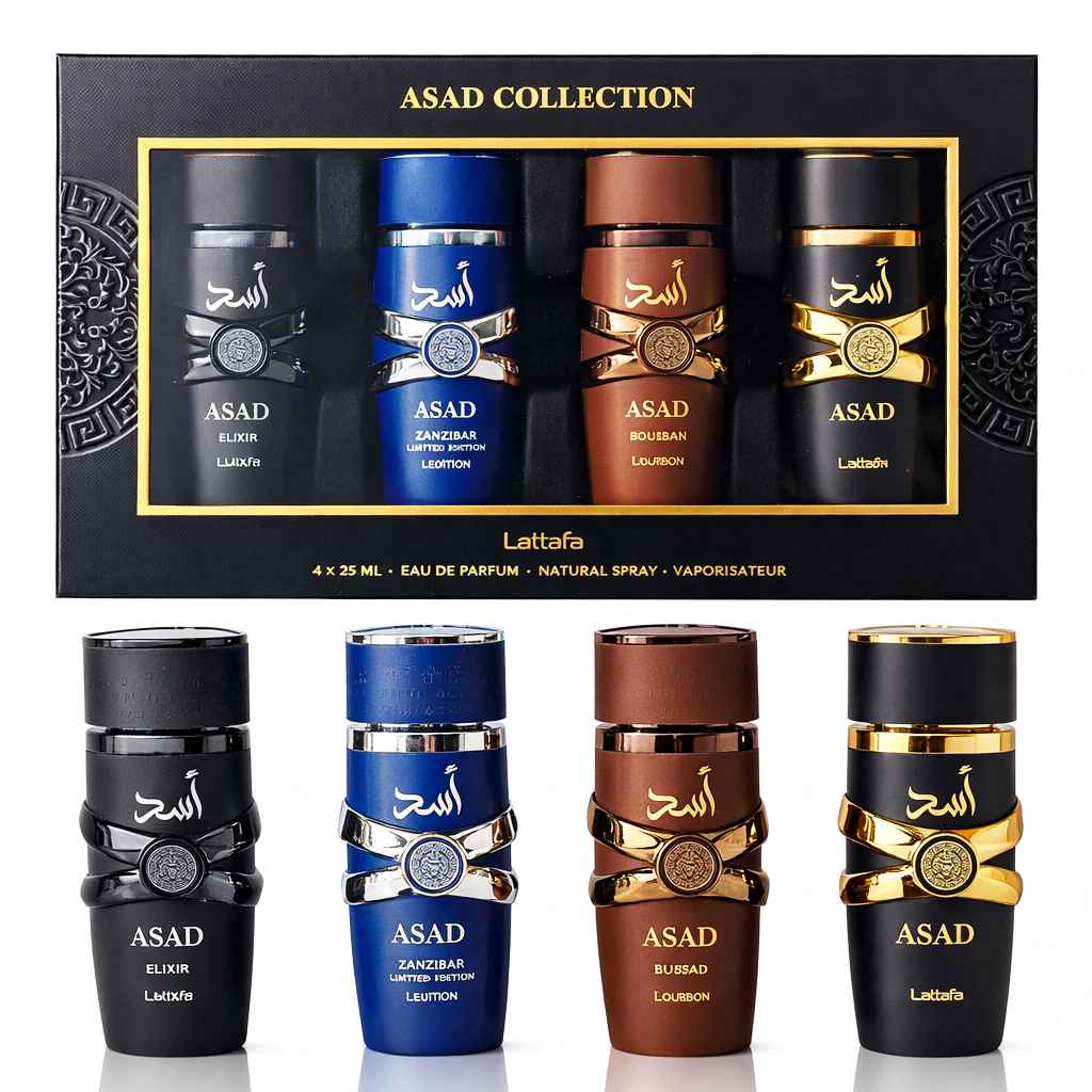 Lattafa Asad Collection caja del pack junto a los cuatro frascos en estudio
