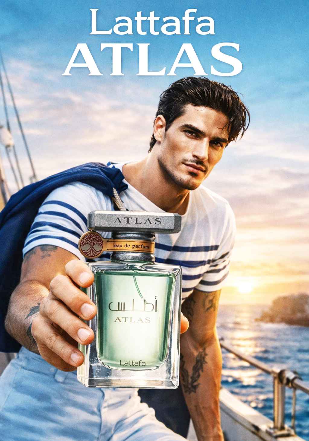 Lattafa Atlas perfume sostenido por un modelo en una terraza frente al mar Mediterráneo al atardecer