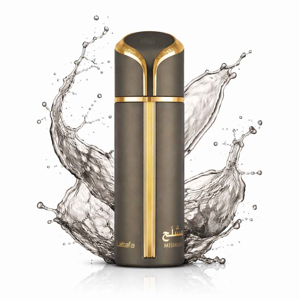 Lattafa Mishlah frasco perfume con splash líquido gris en movimiento sobre fondo blanco
