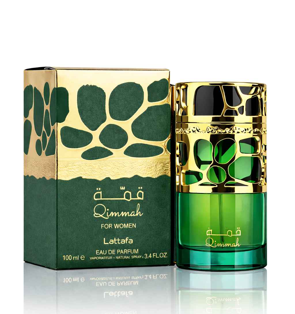 Lattafa Qimmah for Women caja original y frasco en fondo blanco de estudio