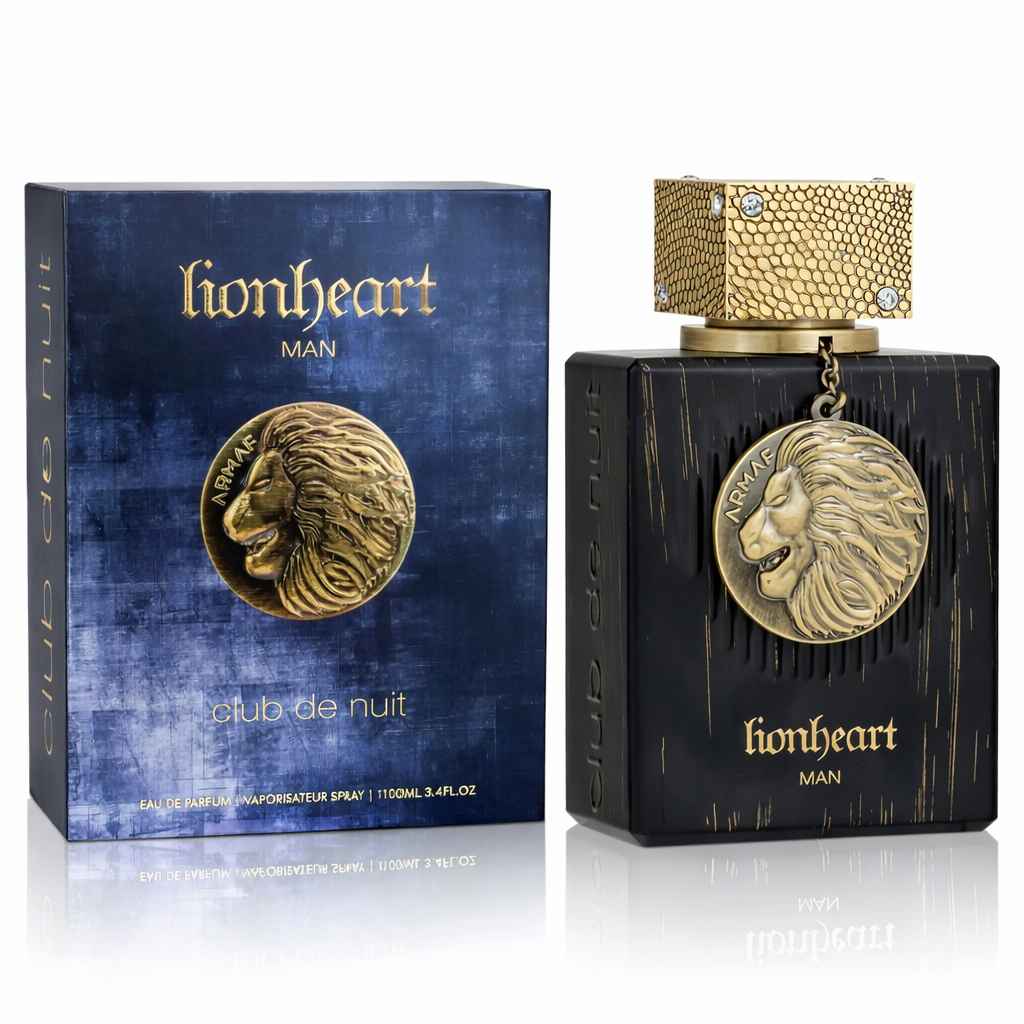 Armaf Lionheart Man caja y frasco sobre fondo blanco con reflejo limpio