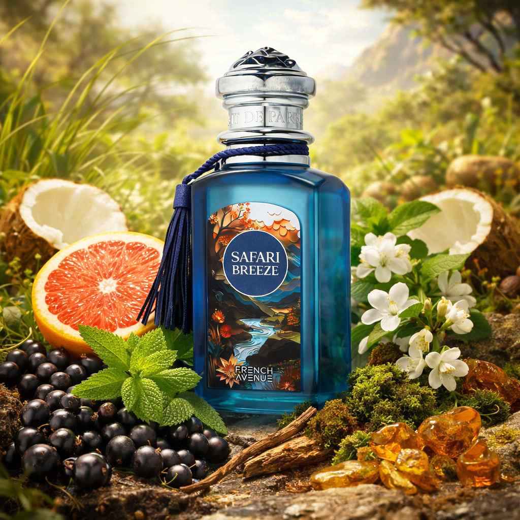 French Avenue Safari Breeze frasco rodeado de frutas y coco en ambiente natural