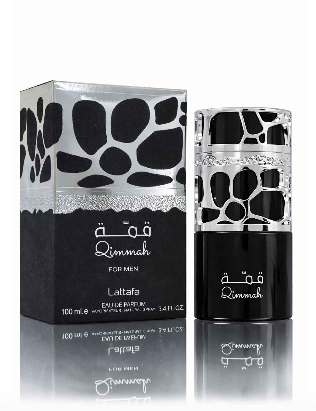 Lattafa Qimmah For Men caja original y frasco sobre fondo blanco de estudio