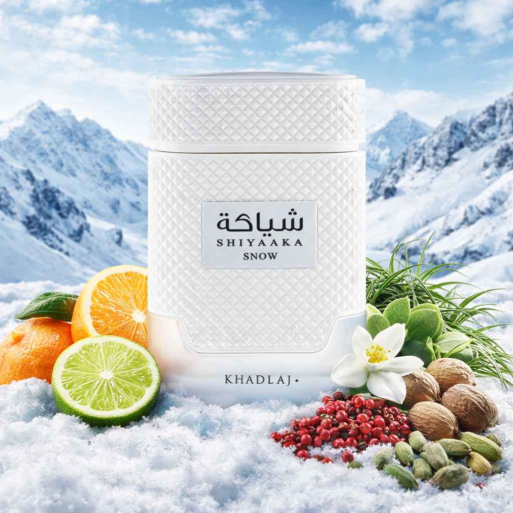 Khadlaj Shiyaaka Snow frasco rodeado de elementos cítricos en escena lifestyle natural