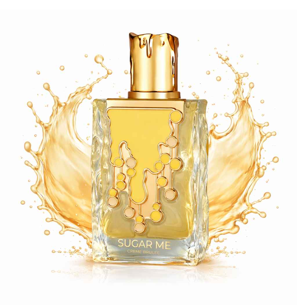 Maison Alhambra Sugar Me Crème Brûlée frasco con splash y gotas dinámicas