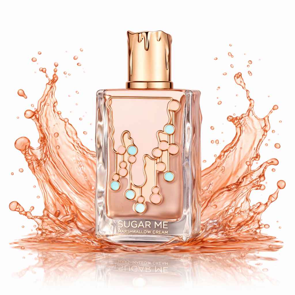 Maison Alhambra Sugar Me Marshmallow Dream frasco con splash líquido suave sobre fondo blanco