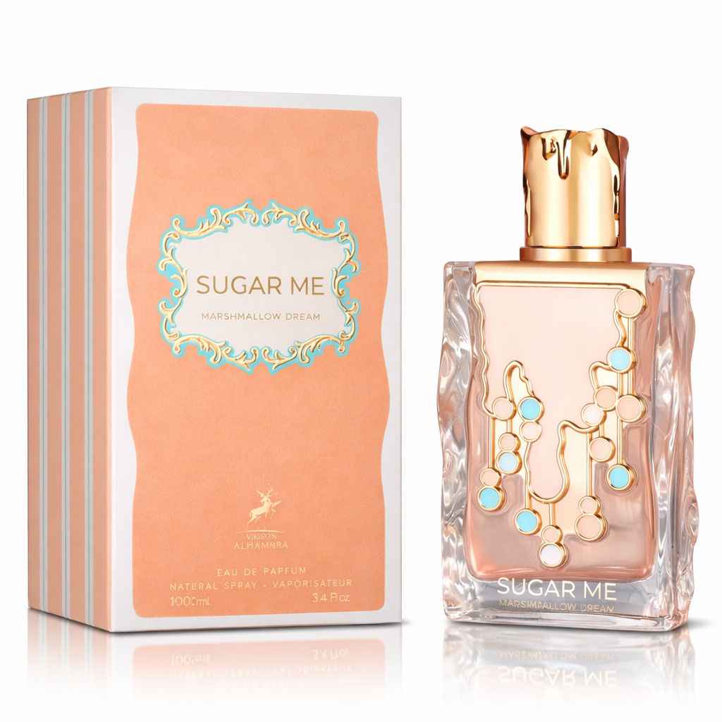 Maison Alhambra Sugar Me Marshmallow Dream caja original y frasco juntos en fondo limpio