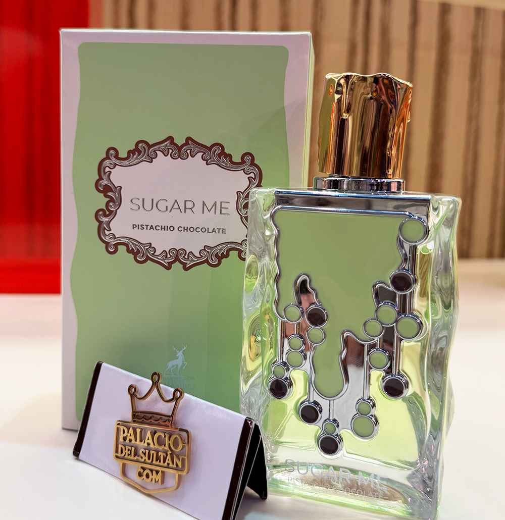 Maison Alhambra Sugar Me Pistachio Chocolate perfume con caja y frasco en foto real