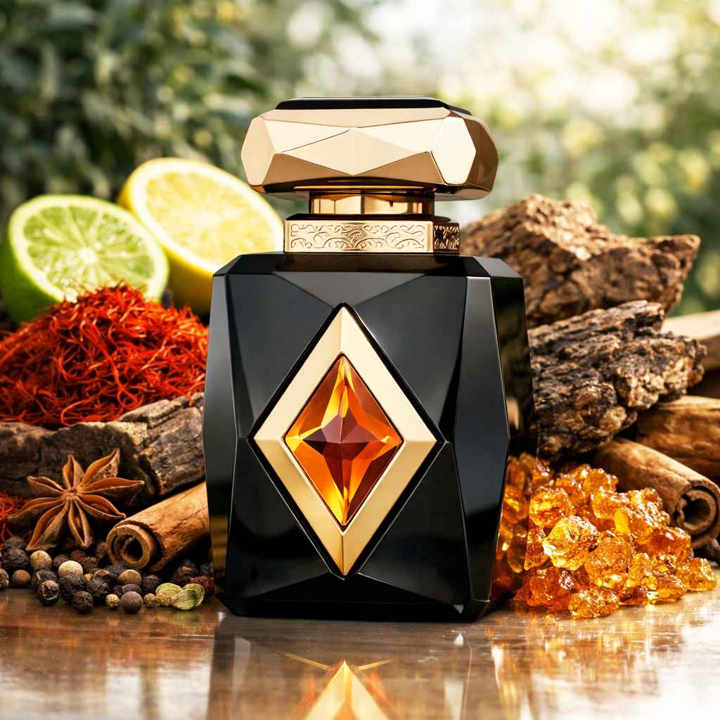 French Avenue Amber Saffron frasco con azafrán, cítricos y maderas en escena natural
